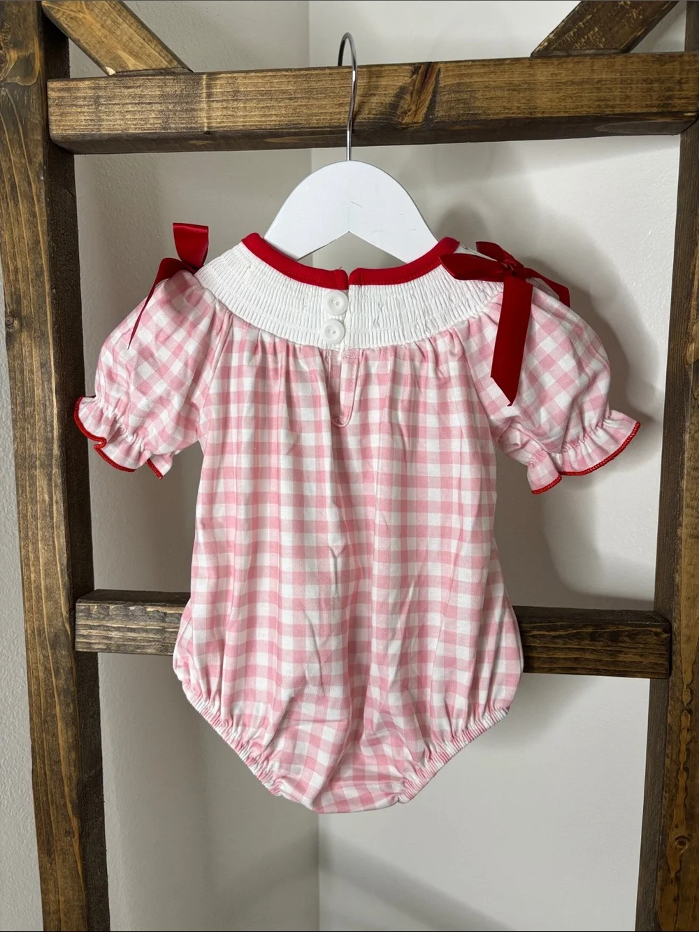Christmas Santa Pink and Red Bows Gingham Smocked Baby One-Piece Size 3M